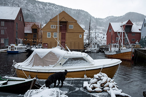 Bildet viser en båt med kalesje om vinteren.
